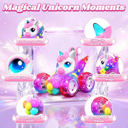 Unicorn RC Cars for Girl Toys with Glowling Crystal Wings &ampEyes Lights360°Rotation Remote Control Car Unicorn Stunt Car Birthday Gifts Easter Basket Stuffers for 3 4 5 6 7 8 9 10 Year Old Girls