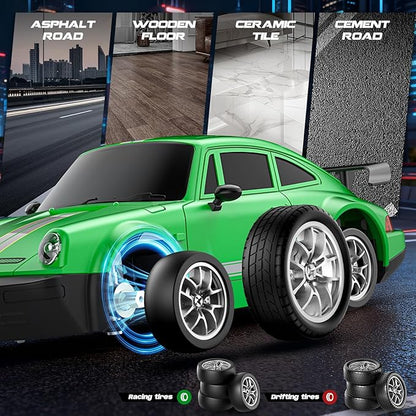 RC Drift Car 1:24 Scale Remote Control Car with LED Lights 20KM/H 4WD High Speed RC Cars Racing and Drifting Dual-Mode Toy Car Idea Gift for Adults and Kids Green
