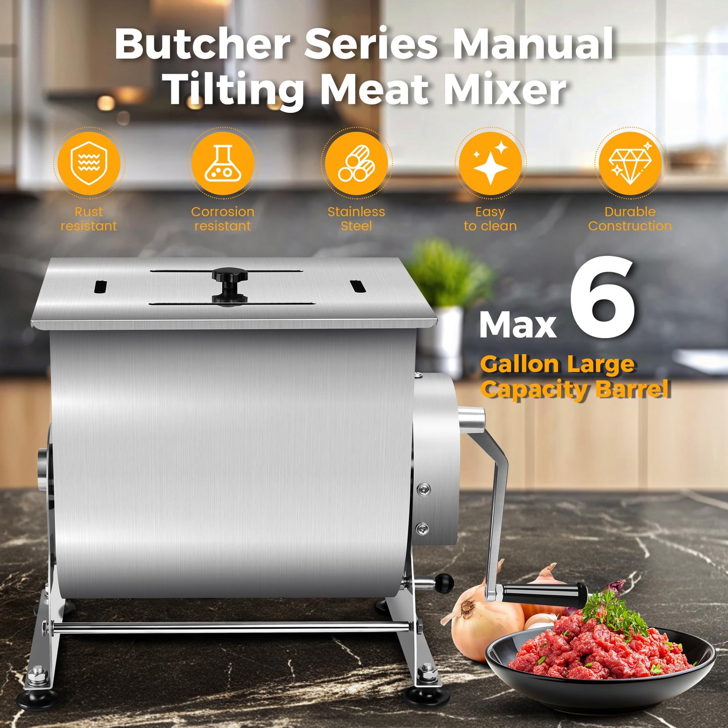 Wutfly Manual Tilting Meat Mixer, 35 lb / 6 Gallon Capacity, Stainless Steel Sausage Stuffer for Burger, Sausage & Jerky, with Removable Paddle & Non-Slip Feet, Countertop Food Processor