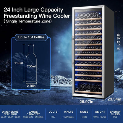 BODEGA 24 Inch Wine Cooler, 154 Bottle Large Refrigerator, Tall Freestanding Wine Fridge with Intelligent Temperature Memory & Humidity Control, Upgraded Quiet Compressor for Bedroom, Bar and Kitchen