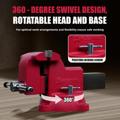AROEDVISE 6" Heavy-Duty Bench Vise, 6" Jaw Width & Opening, 8,820 lbs Clamping Force, 60,000 PSI Ductile Iron Vise with 360° Swivel Base, Anvil & Pipe Jaws for Metalworking, Woodworking & DIY (RS60)