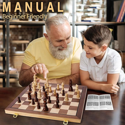 Magnetic Wooden Chess Set for Adults Kids 15 Folding Chess Boards with 2 Extra Queens Portable Travel Chess Sets with Pieces Storage Slots Beginner Chess Game Set for Kids Adults