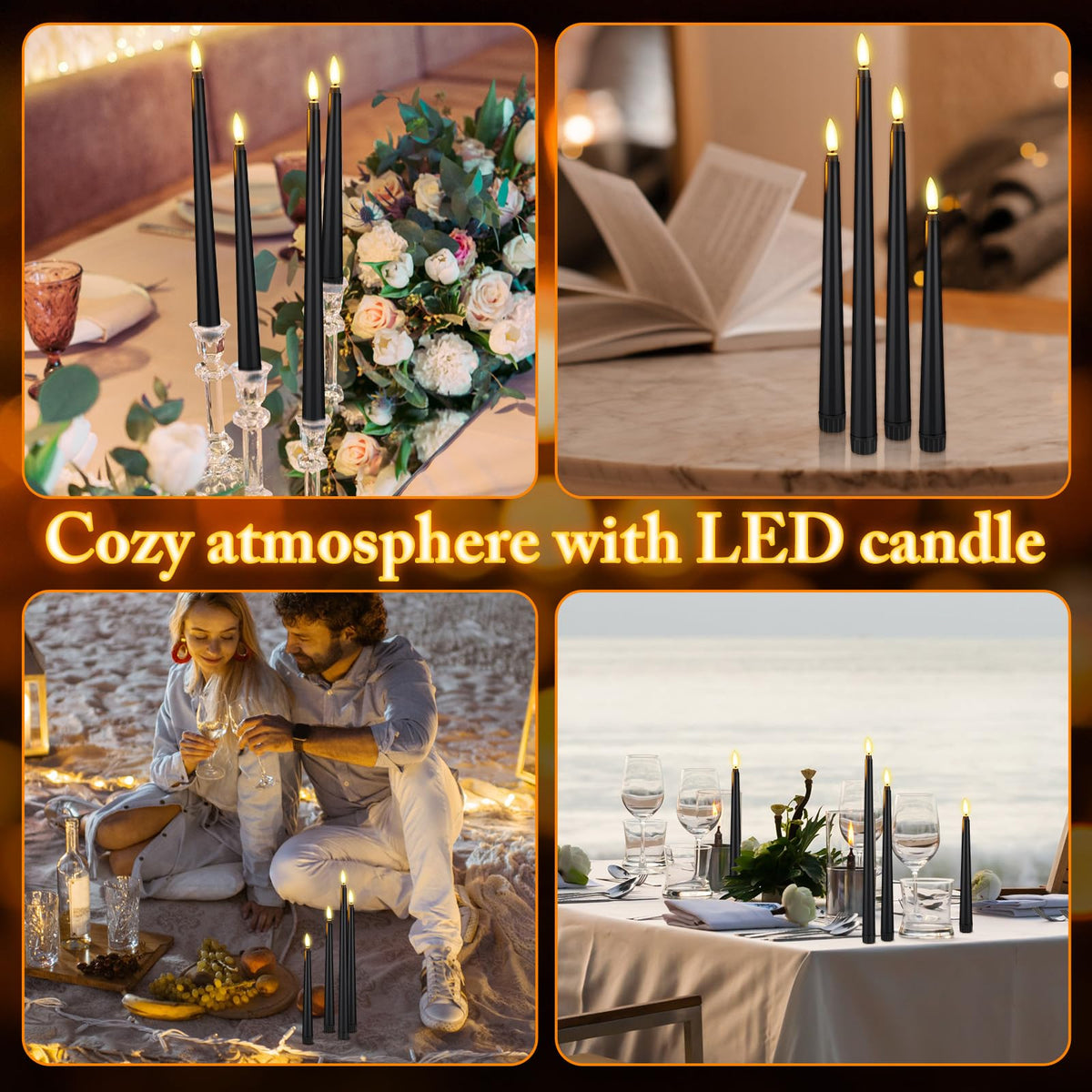 Rossesay 48 Pcs Flameless LED Taper Candles Battery Operated Candles 4 Sizes of 8.5'', 9.65'', 10.83'', 12.8'' Flameless Candlesticks Flickering for Halloween Christmas Church Wedding(Black)