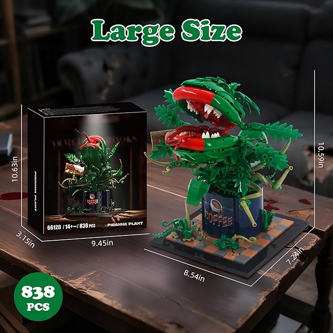 838PCS Large Piranha Plant Building Block Set AuderyII Cannibal Flower Model with Coffee Can &amp Feed Me Sign Horror Movie Decorations Botanical Collection Toy Gifts for Adult &amp Teen Aged 8+
