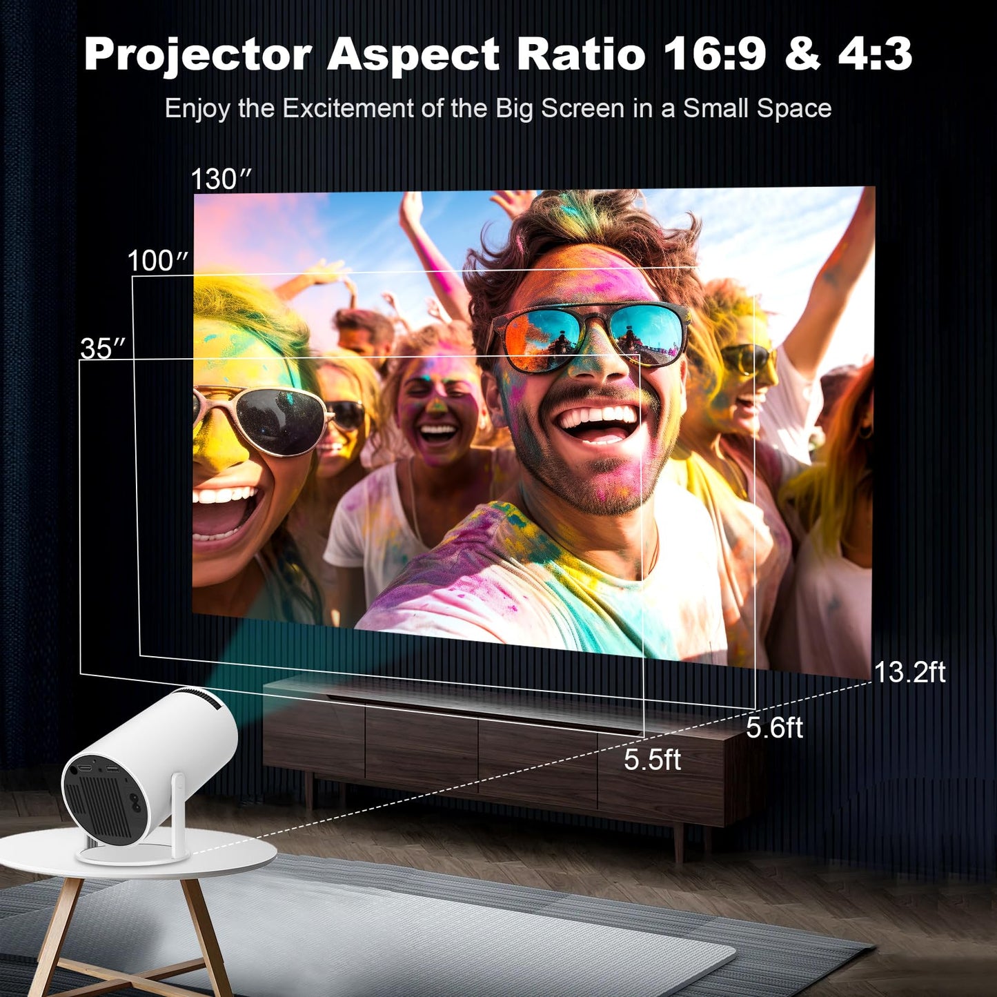 Mini Portable Projector, Support 4K 1080P with Dual-Band WIFI6 5G Wireless 5.0 Bluetooth Android 11,160 ANSI,180° Rotatable, Auto Keystone Correction, 35"-130" Screen Video Projector