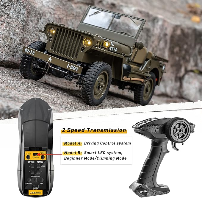 WOWRC RocHobby 1/12 1941 MB Scaler RC Jeep 4x4 Hobby Grade RTR RC Car Mini RC Rock Crawler Military 2.4Ghz RC Truck with LED Lights Battery and USB Charger for Adults