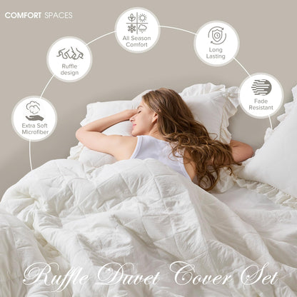 Comfort Spaces Ivory King Duvet Cover Set - 3 Pieces Ruffle Diamond Quilted Duvet Cover, All Season Lightweight, Cotton-Like Softness Pre-Washed Microfiber King Bedding Cover & Shams, King