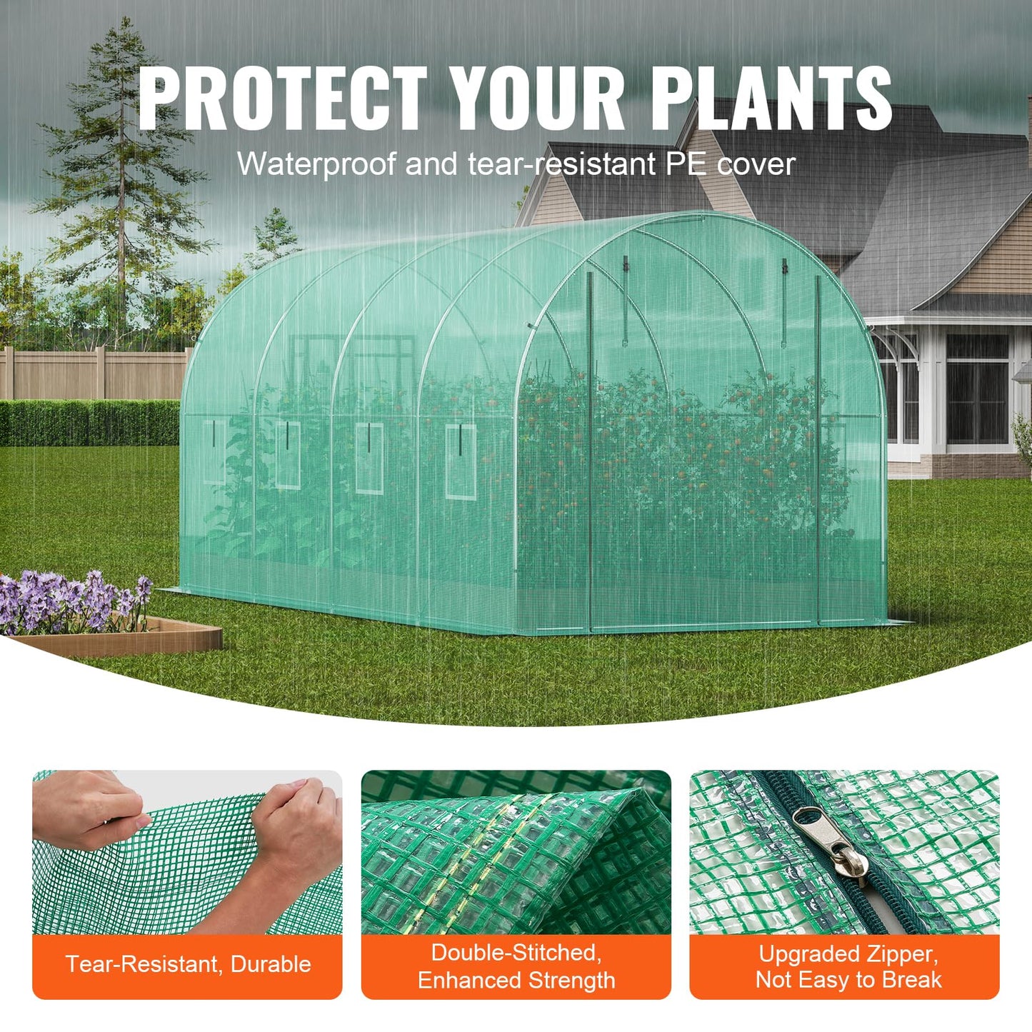 VEVOR Walk-in Tunnel Greenhouse, 14.6x6.4x6.3 ft Hoop House Greenhouse Tunnel, Plant Hot House with Galvanized Steel Frame, Green PE Cover, Roll-up Zipper Door and 8 Windows for Outdoor