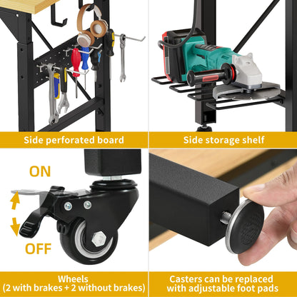 DWVO 60" Adjustable Workbench with Pegboard, Heavy Duty Wood Top Work Bench with Wheels, 1600 LBS Load Capacity, Rolling Work Table with AC/USB Outlet, Hooks, Rack for Garage, Workshop, Office, Home