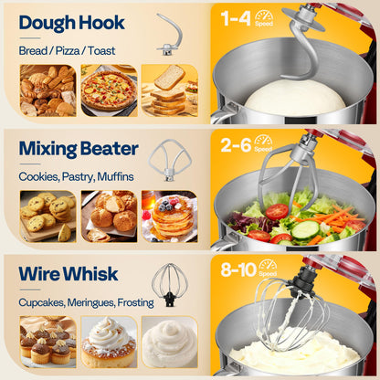 VIVOHOME Stand Mixer, 660W 10 Speed 6 Quart Tilt-Head Kitchen Electric Food Mixer with Beater, Dough Hook, Wire Whip and Egg Separator, Red