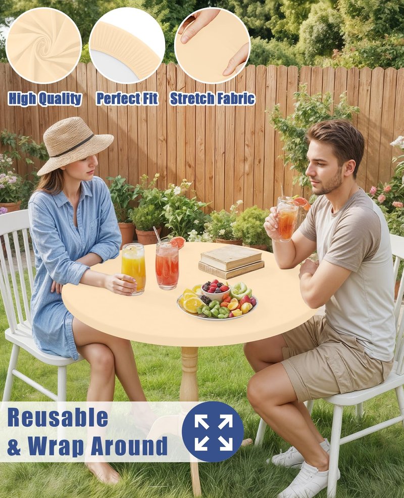 Moosfor Round Spandex Tablecloth, Elastic Fitted Waterproof Tablecloths for 57"-68" Tables, Stretch Washable Picnic Table Cover for Camping, Dining, Indoor and Outdoor,Ivory