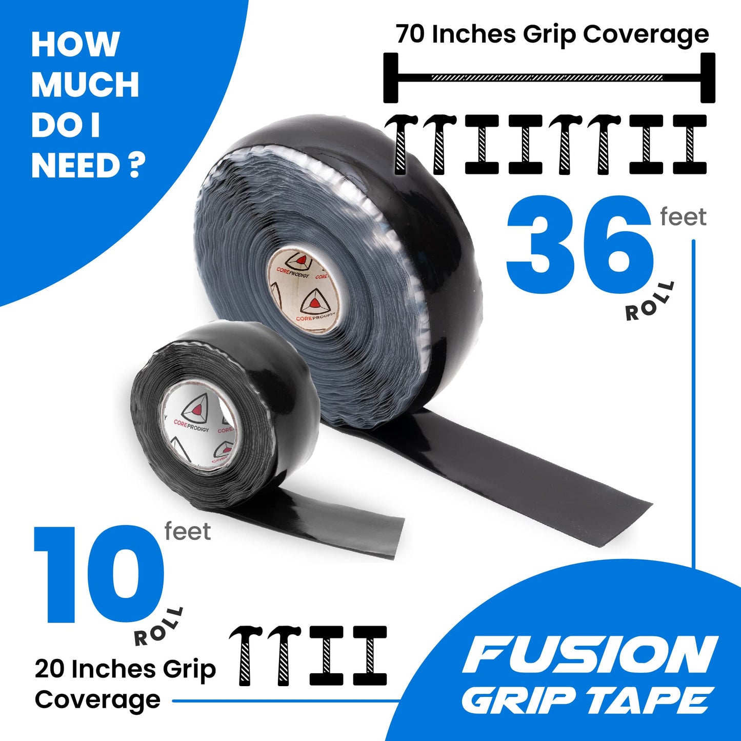 Core Prodigy Fusion Grip Tape - Silicone Rubber Wrap for Pull Up Bars, Barbells, Dumbbells, Sports and Gym Equipment, and Tools (10 Foot, Black)