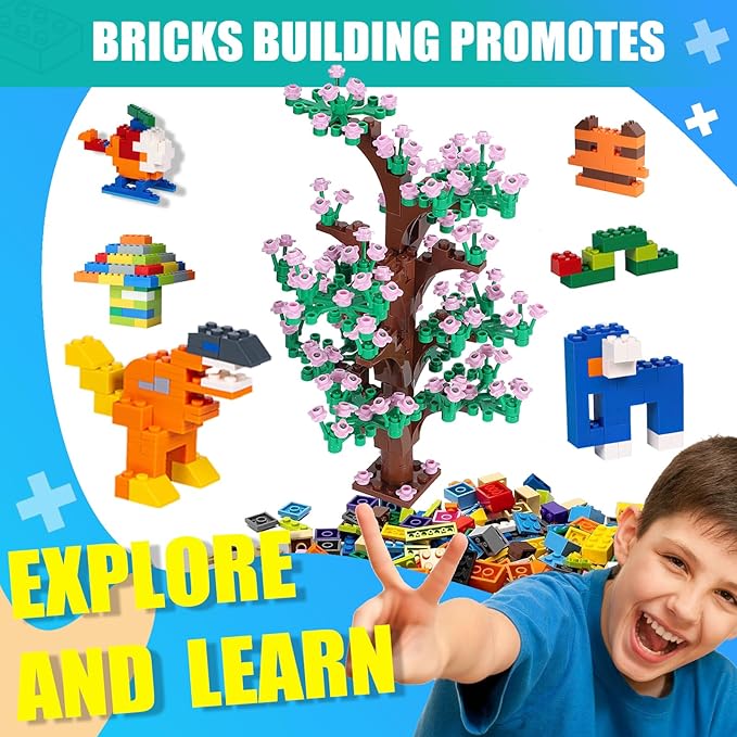 1800 Pieces Building Bricks SetBuilding Bulks Blocks with 1 Packs 24x24 Studs Sticky Plates205 Pcs Flowers and Tree Set 14 Colors 18 Random Bulk Shapes Creative Toy Gift for Boys Girls