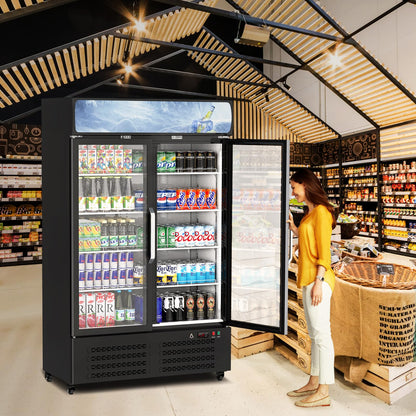 GAOMON Commercial Refrigerator, Commercial Beverage Display Cabinet with LED Top Panel, 32-50°F Adjustable, 25.3 Cu Ft Double Glass Door Merchandiser Fridge for Restaurant, Convenience Store, Black