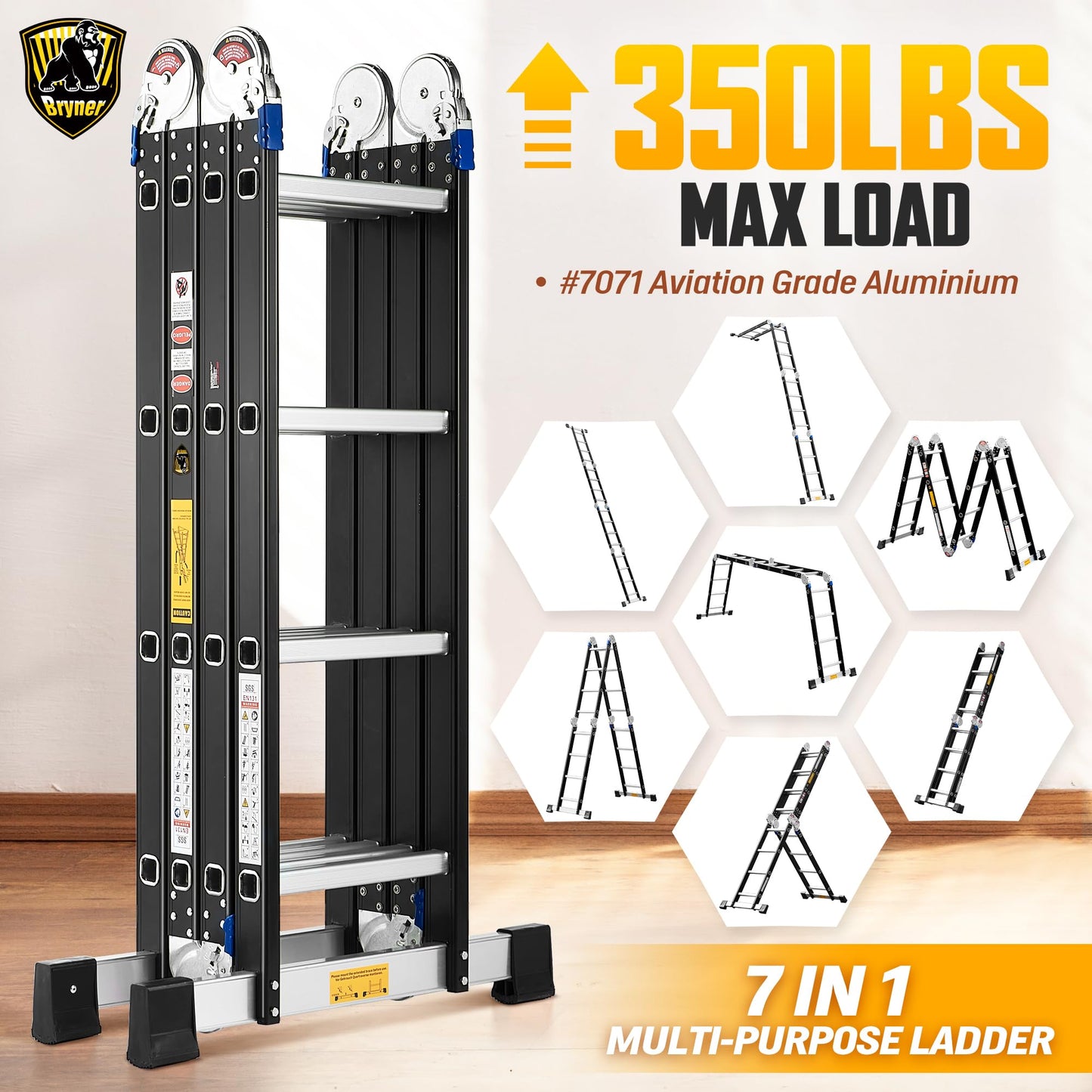Bryner 7 in 1 Multi-Purpose Ladder Aluminium 14Ft Folding Adjustable Telescoping Step Extension Ladder Meet SGS EN 131 Standard Heavy Duty 330lbs (14Ft)