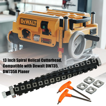 13 Inch Spiral Helical Cutterhead, Compatible with Dewalt DW735, DW735X Planer, 4 Rows of 56 pcs TCT Carbide Blades, with 4 Spare Blades & Screws, 2 Wrenches.