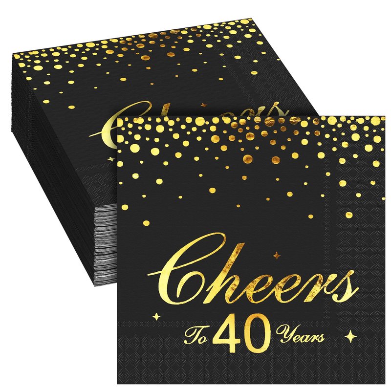 durony 60 Pieces Cheers to 40 Years Paper Napkins Black Gold Foil 3-Ply Party Napkins Folded 5 x 5 Inch Cocktail Napkins for 40th Anniversary Birthday Retirement Party Supplies Decorations