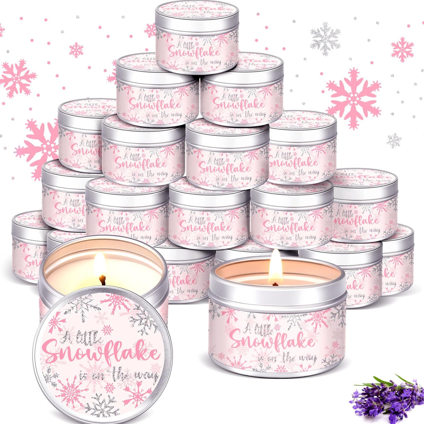 MTLEE 24 Pcs Snowflakes Baby Shower Party Favors Candles Lavender Scented Baby Shower Favors for Guests Rustic Tealights Candles Gender Reveal Return Gifts (1.2 oz, Pink)