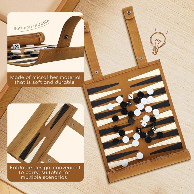 Travel Backgammon Set Lightweight Roll-up Classic Board Game Travel Backgammon Sets for Adults Portable Chess Set for 2 Players Ideal for Travel Camping Backpacking Trips 12.5x10 Inch