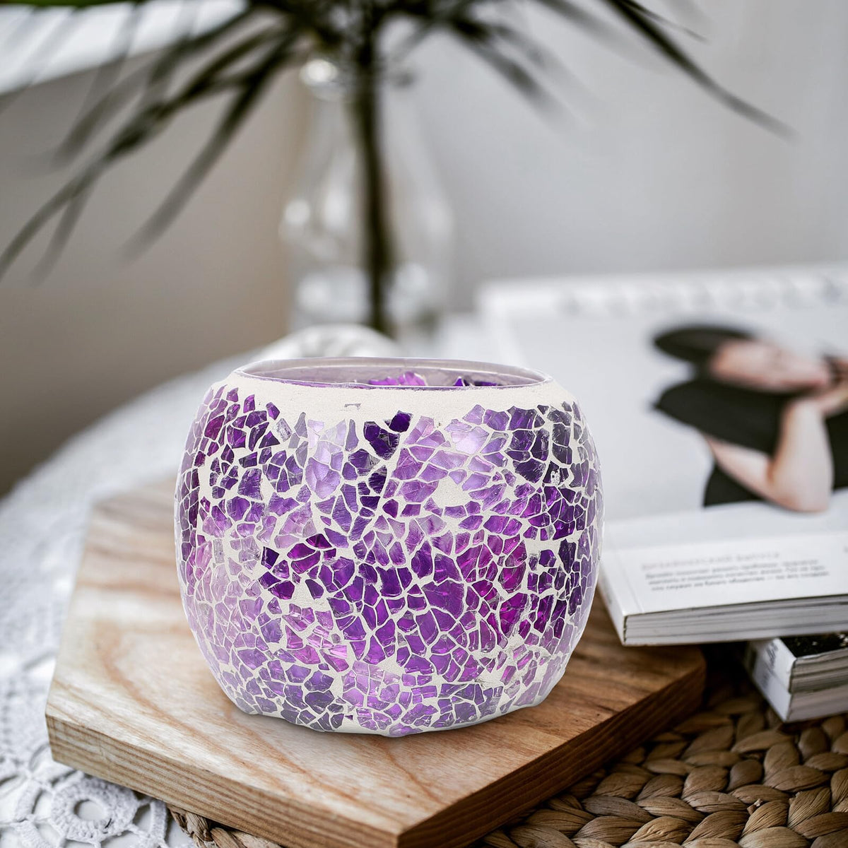 ELEOUTI European Mosaic Glass Candle Stand, Purple Table Candleholder for Romantic Dinner, Decorative Candlestick for Home and Dining Table Decor