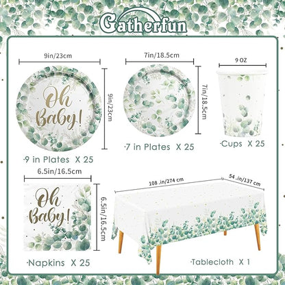Sage Greenery Baby Shower Party Supplies Disposable Paper Plates Napkins Cups and Tablecloth for Boho Greency Party Decorations Serve 25.