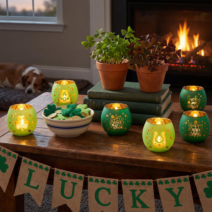 Yungyan 6 Set Green Votive Candle Holders Clovers Glass Holders Bulk with Laser Engraving Patterns Gifts for Weddings Shower Party, Table Centerpiece, Yoga & Bathroom Meditation Decoration