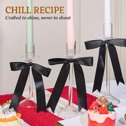 CHILL RECIPE Bow Candle Holder Glass Taper Candlestick Holders with Built-in Candle Drip Protectors Bows Decor for Table Centerpiece Wedding Party Halloween(Black)