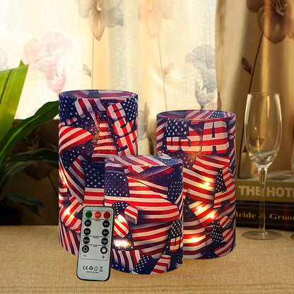 NJAO HOO Patriotic American Flag Flameless LED Battery Operated Pillar Candles with Remote Control and Timer, 4th of July Candles for Home Decor Set of 3