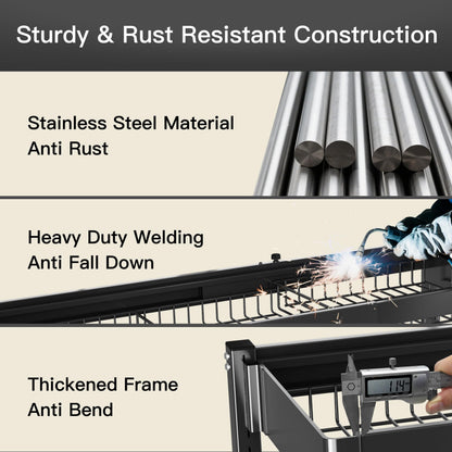 3 Tier Extra Large Stainless Steel Expandable Over The Sink Dish Drainer Drying Rack, Rust Proof Metal, Space Saving, Modern Black Big Capacity Extendable Plate Strainers Above Kitchen Counter
