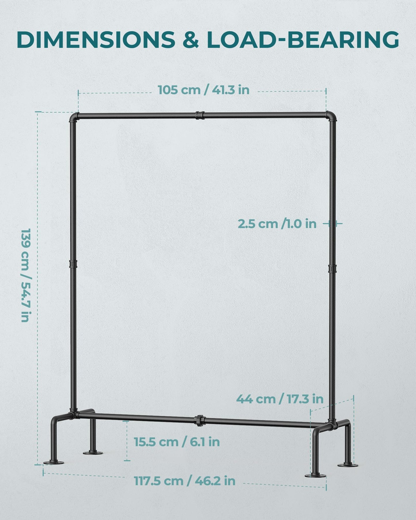 OROPY Industrial Pipe Clothing Rack Free Standing Set of 2, Heavy Duty Detachable Clothes Rack with 4 Stable Feet for Garment Storage Display, Black
