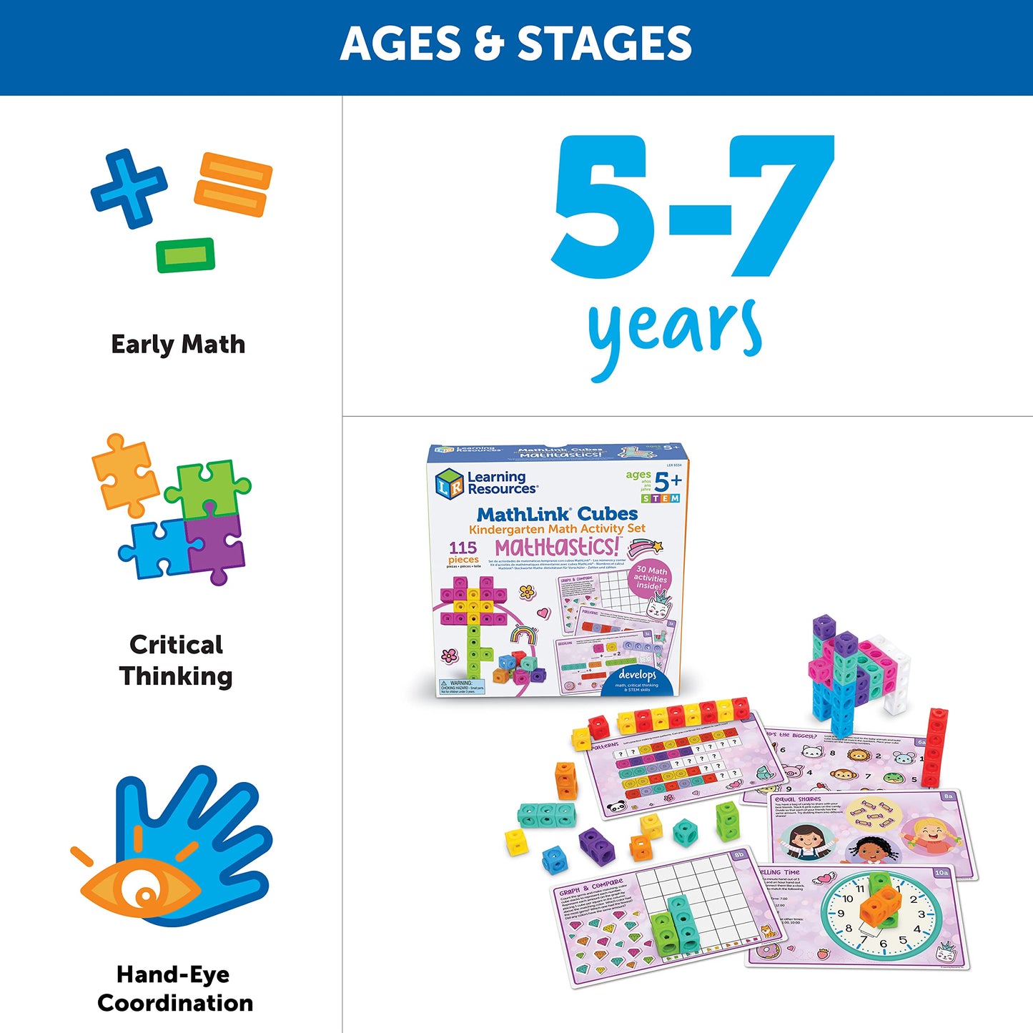 Learning Resources MathLink Cubes Kindergarten Math Activity Set Mathtastics! - Classroom Must Haves, Preschool Activities, Teacher School Supplies, Toddler Montessori Toys, Math Manipulatives