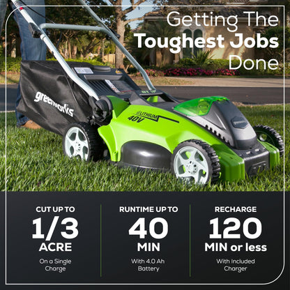 Greenworks 40V 16" (Push) Cordless Lawn Mower, 4.0Ah Battery (1/3 Acre, Push Button Start, Compatible with 75+ Tools)