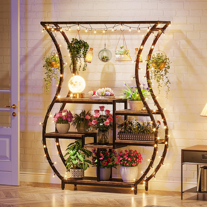LITTLE TREE 6-Tier Plant Stand, 70.9 Inches Tall Industrial Plant Shelf with 10 Hanging Hooks, Potted Plants Flower Bonsai Pots Display Rack for Living Room, Garden, Balcony, Rustic Brown