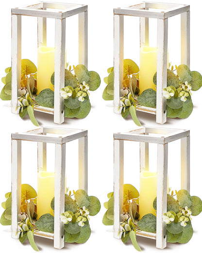 Huquary 8 Pcs Wooden Wedding Lantern Centerpiece for Table Decoration Includes 4 Farmhouse Candle Holder and 4 Flameless Decorative LED Candles for Rustic Home Wedding Decor(White)