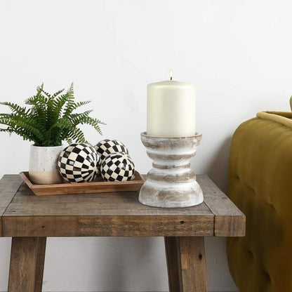 Stonebriar Antique White Wooden Pillar Candle Holder, Vintage Seaside Pillar Stand for Dining Table Centerpiece, Coffee Table, Mantel, Or Any Table Top, Small