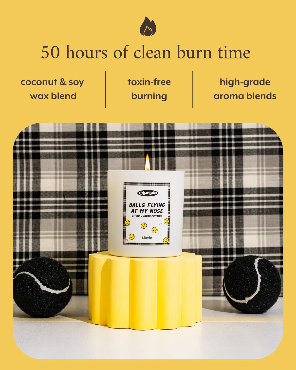 Literie Clueless Inspired Scented Candle: Balls Flying at My Nose - Citrus and White Cotton Scent, 9oz, 50 Hour Burn, Vegan Soy & Coconut Blend Candle for Home Decor, Gift for Women & Men