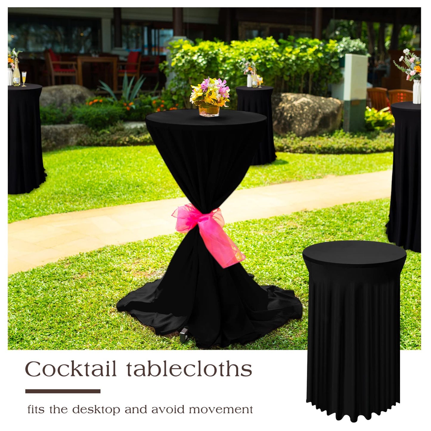 Tegeme 4 Packs Round Spandex Cocktail Tablecloths with Skirt 32 x 43 Inch Cocktail Round Table Cover Spandex Stretch Square Tablecloth Skirt for Table Bar Wedding Party Banquet (Black)