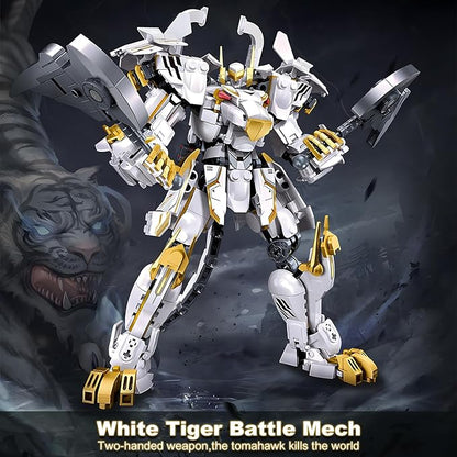 HIGH GODO Mech Robot Building Blocks Set for Adults Flexible Cool White Tiger Warrior Model Kit with Two-Handed Axes Weapon Toy Playset 679 Pieces Creative Mythical Ninja Gifts for Man Teens 14+