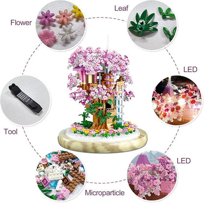 Cherry Blossom Bonsai Tree House Building Flowers Set for Adults 1382 Pcs Micro-Particle Ideas Sakura Tree Building Blocks Complete with String Lights Dust Cover and Wooden Base