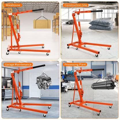 2-Ton Folding Engine Hoist Cherry Picker 44 Lb Capacity Hydraulic Shop Crane with Telescoping Boom 6 Caster Wheels for Automotive Repair Garage Use Includes Hitch and Storage Stand Orange
