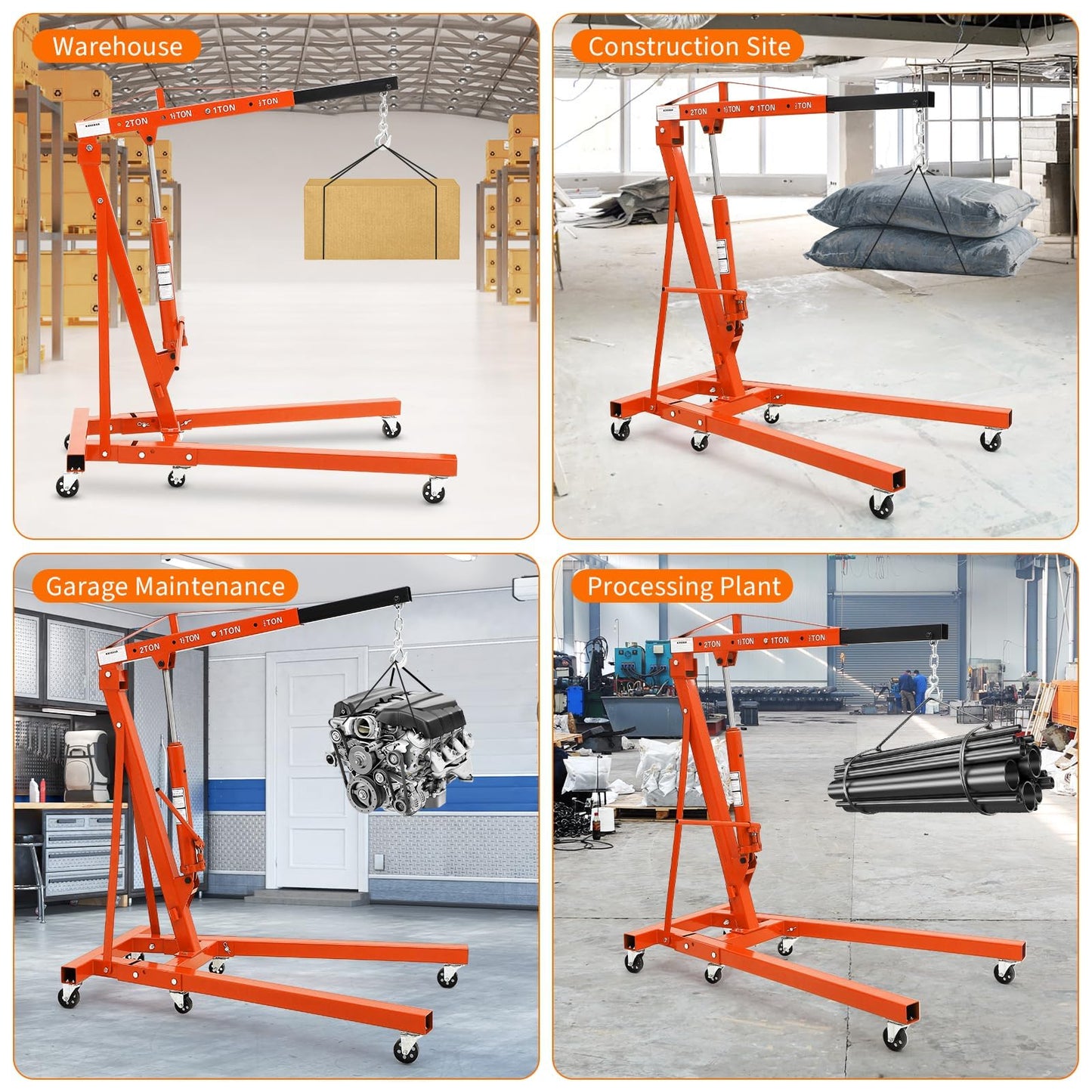 2-Ton Folding Engine Hoist Cherry Picker 4400 Lb Capacity Hydraulic Shop Crane with Telescoping Boom 6 Caster Wheels for Automotive Repair Garage Use Includes Hitch and Storage Stand Orange