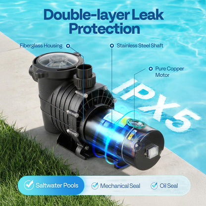 VIVOHOME 2.0HP 6500 GPH 115V Pool Pump, Self-Priming Energy Saving, 1.25" & 1.5" & 2" Inlet w/Strainer Basket for In/Above Ground Pools