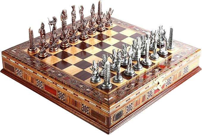Egypt Pharaoh Antique Copper Figures Metal Chess Set for Adults Handmade Pieces and Natural Solid Wooden Chess Board with Pearl Design Around Board and Storage Inside King 3.4inc