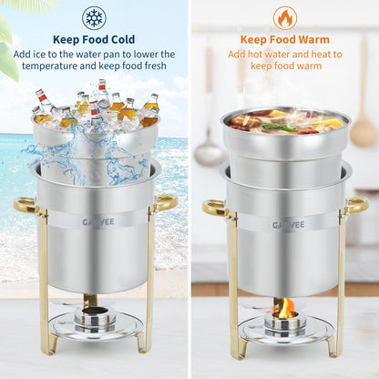 7QT Commercial Soup Warmer, 2 Pack Stainless Steel Round Soup Chafer with Pot, Notched Lids & Fuel Holders, Food Warmer for Buffets Parties Wedding Banquets Catering, Gold