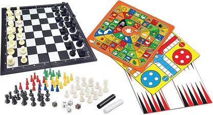 LEXiBOOK 8-in-1 Games Set Chess Checkers Backgammon Chinese Checkers Nine Men's Morris Snakes &amp Ladders Goose Ludo 2-6 Players Ages 6+