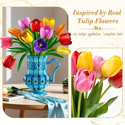 Flowers Bouquet Building Set with Vase - Tulips Bonsai Building Block for Adults Easter Gift for Her/Wife/Mom/Girlfriend 768PCS Artificial Plant Botanical Collection for Home Decor