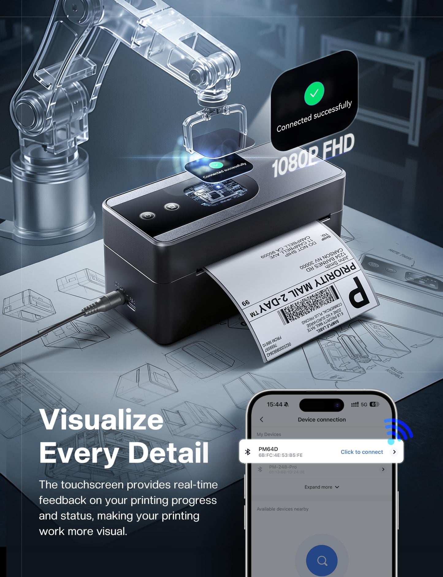 Phomemo Thermal Label Printer Upgraded with Touchable Screen, Shipping Label Printer for Small Business, 4x6 Wireless Thermal Label Printers for Shipping Package, Compatible with Amazon, Shopify, USPS