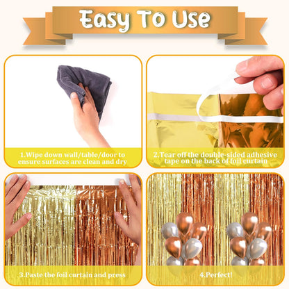 Voircoloria 3 Pack Foil Fringe Backdrop Curtains - 3.3 x 8.2 ft Rose & Champion Tinsel Streamers for Parties