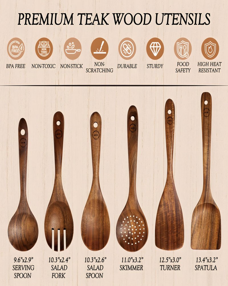 6-Piece Natural Teak Wood Utensil Set - Compact Nonstick Cooking Spoons & Spatulas, Durable Wooden Tools