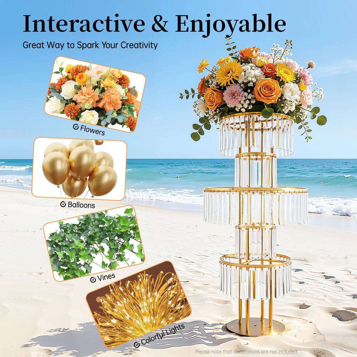 2 PCS Crystal Vases for Centerpieces, 43.3 in Tall Metal Pedestal Stands with Hanging Crystals for Table Chandelier Centerpiece, 5 Tiers Flower Stand for Wedding Reception Party (Gold, Round Base)